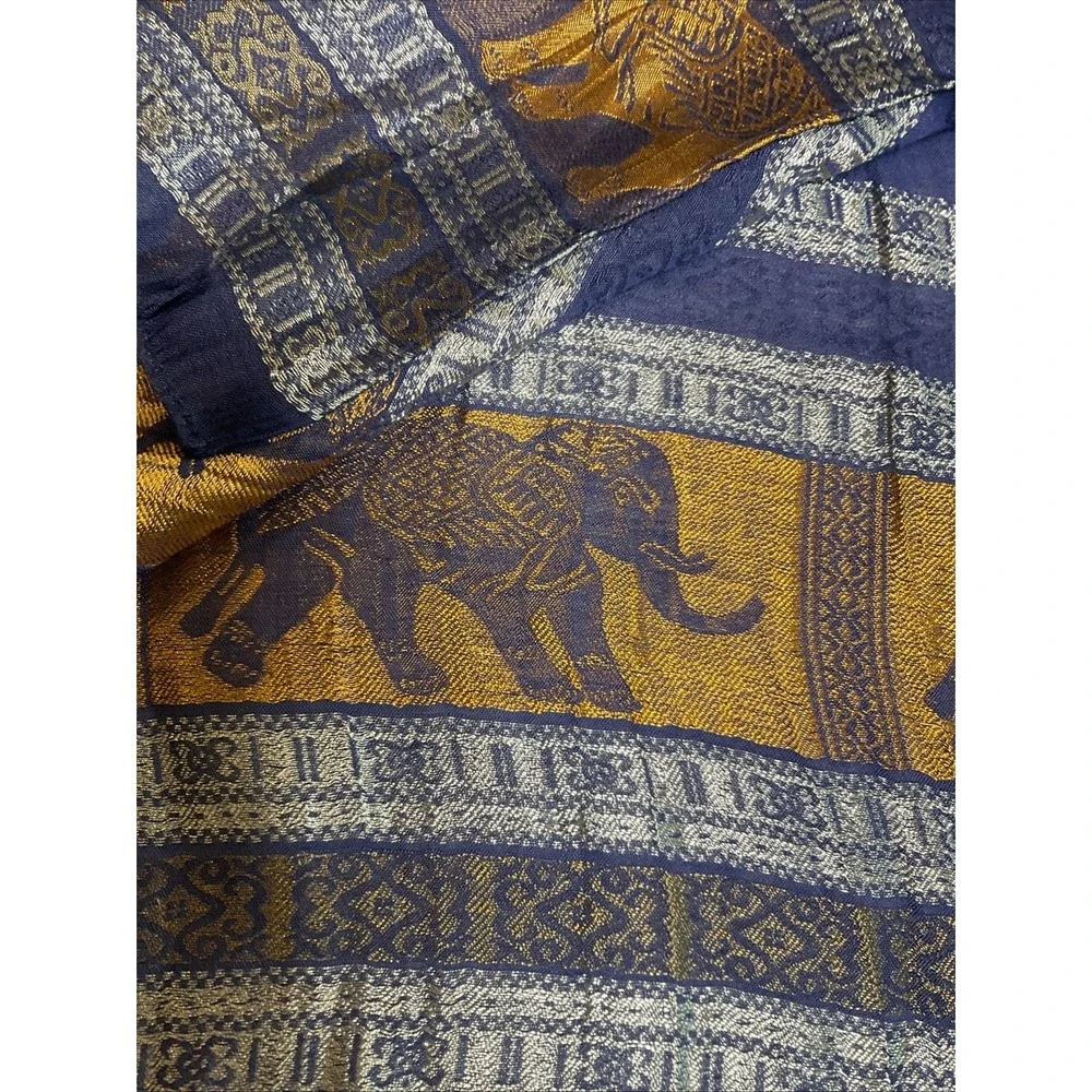 100% Silk Scarf Shawl Elephants 66 X 20 Art To Wear Lagenlook Tribal Shiny